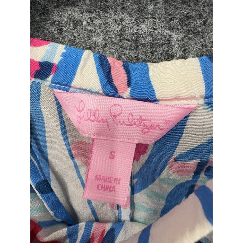 Lilly Pulitzer Top Womens S Blue Pink Halter Silk Square Neck Strappy Tropical - Picture 2 of 10